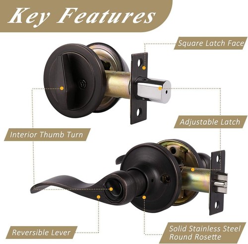 2 Sets-Front Door Entry Lever and Single Cylinder Deadbolts Combination Set, ... - Picture 7 of 8