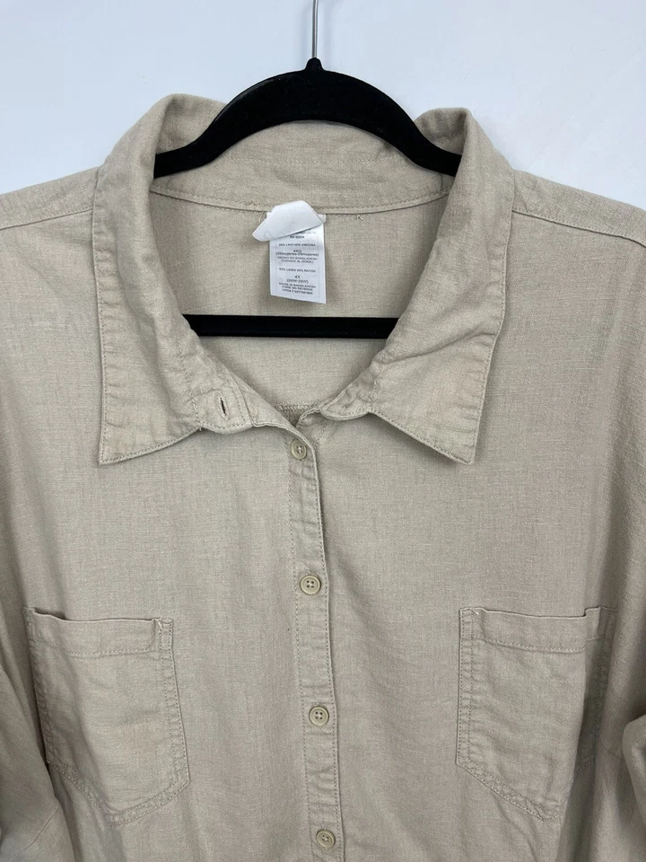 Blusa Just My Size beige tostado lino abotonada para mujer 4X 26W-28W manga con lengüeta enrollable Foto 2 de 4