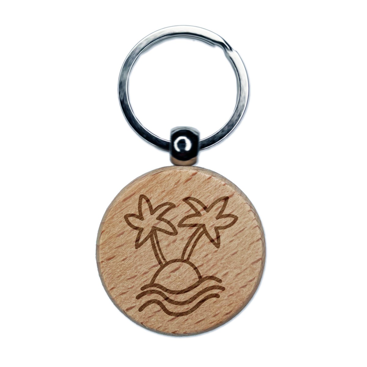 Palm Tree Island Doodle Engraved Wood Round Keychain Tag Charm
