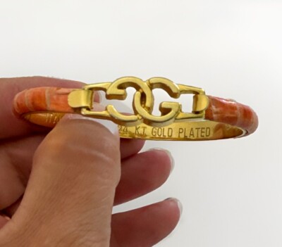 GUCCI Pink Salmon Bangle Bracelet Snakeskin 24 KT GP Made In Italy