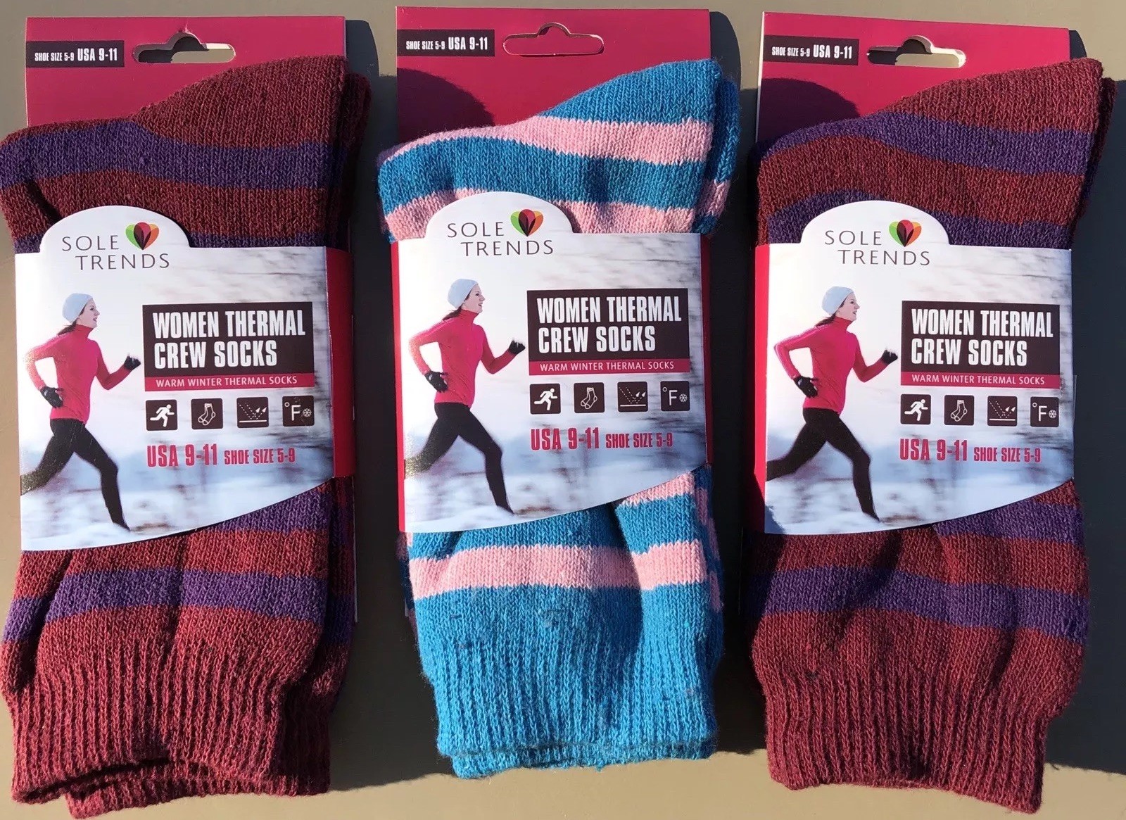 SAOLA 3x Calze termiche donna SUOLA TRENDS calde invernali rosse viola rosa a righe taglia 9 11