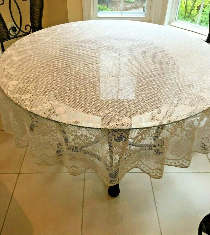 Toalha de mesa redonda de renda branca ou creme 70 polegadas para cozinha festa de recepção de casamento - Imagem 2 de 4