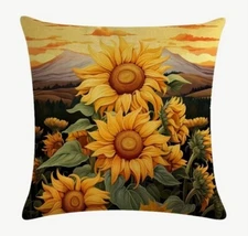 Sunflower Tuscany Valley Sunset Linen Throw Pillow Cover Holiday Home Decor 18”