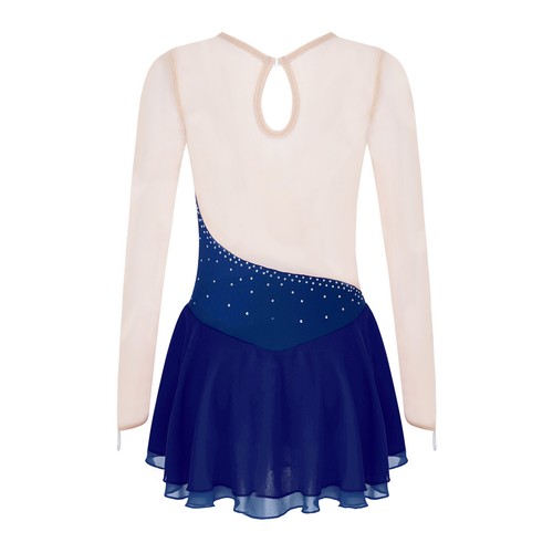Girls Long Sleeve Glitter Rhinestone Mesh Splice Figure Ice Skating Dance Dress - Bild 22 von 79