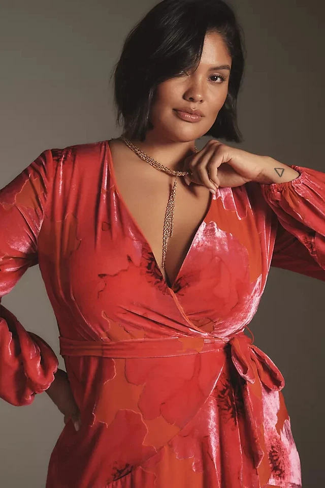 New Anthropologie Hutch Long-Sleeve V-Neck Wrap Midi Dress Velvet Pink Red 2X - Image 2 of 4