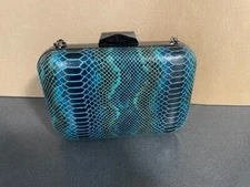 Olga Berg Clutch Bag with Shoulder Strap Snake Skin Teal Blue Like New