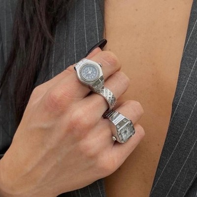 Silber Ring Uhr Damen Edelstahl Gummiband Quarz Minimalistisch