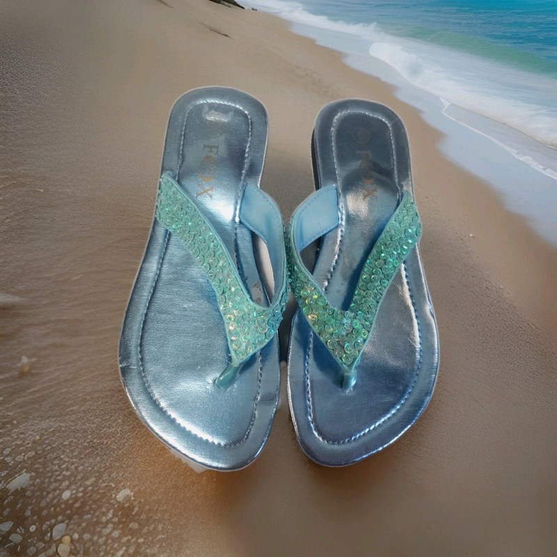 FOX Thong Sandals Blue Rhinestone SlipOn  Synthetic Womens Size6 "FREE SHIPPING"