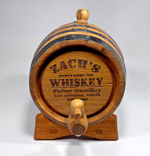 Engraved ZACH'S Whiskey Two Liter Mini Oak Barrel on Stand - Wine Liquor Spirits