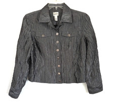 Chico's Shiny Crinkle Fabric Jacket Charcoal Gray Button Up Moto Grunge sz M / 1