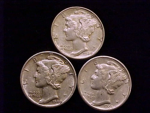 1940-P, 1940-D & 1940-S Mercury Dimes, XF to AU, a (3) Three Coin Lot.