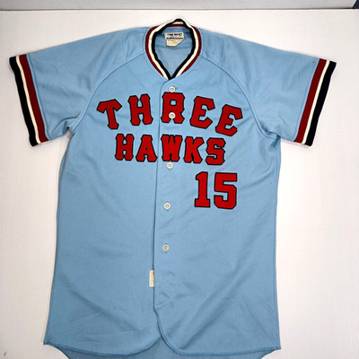 Vintage Descente Baseball Jersey Three Hawks Japan Amateur Tag L  Fit S-M Blue