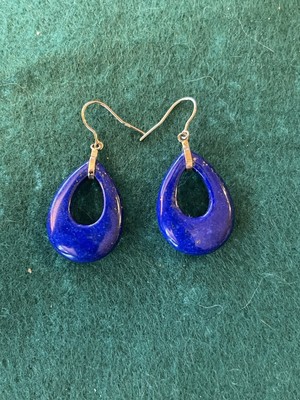 Vey Nice Lapis Lazuli and 14k Gold Carved Hoop Earrings