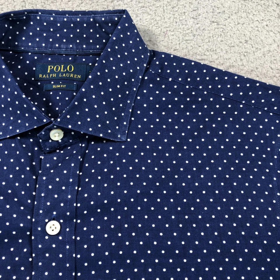 Camisa Polo Ralph Lauren Adulto Grande Azul Lunares Calce Ajustado Manga Larga Botón Foto 2 de 4