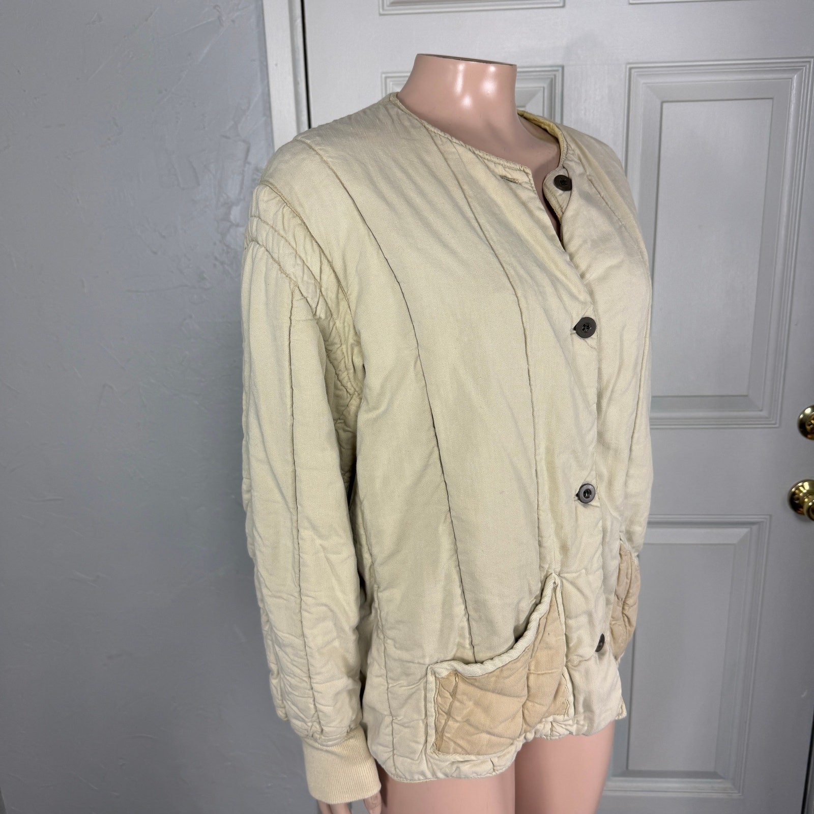 Vintage 40s 50s Quilted Liner Jacket Women's Cotton Button Cream HH7 image 7