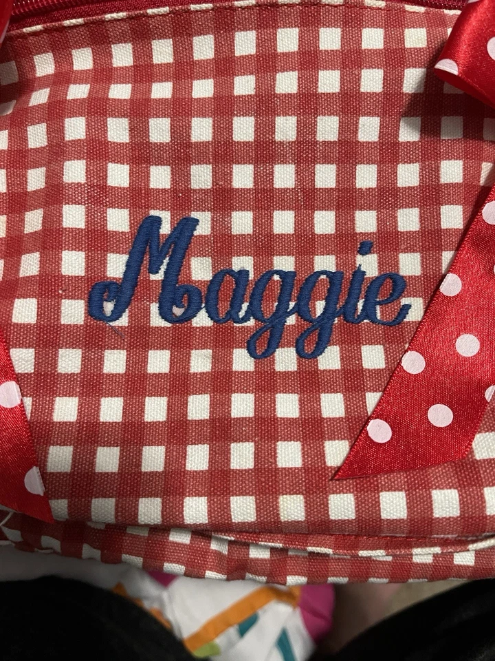 Children’s Vintage Red Plaid Luggage Combo. Monogram with Maggie in Blue  - Image 3 of 3