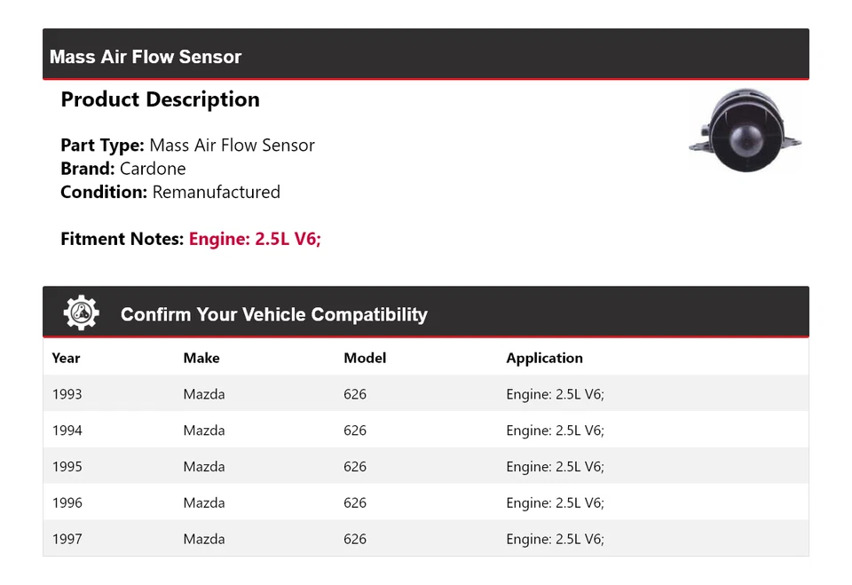 Sensor de flujo de aire masivo Cardone 1994 1995 1996 para Mazda 626 1993-1997 2,5 L V6 Foto 2 de 4