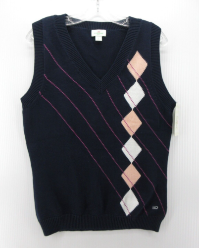 Dockers Sweater Women Large Blue Vest Golf Diamond Argyle Pullover Knit NEW