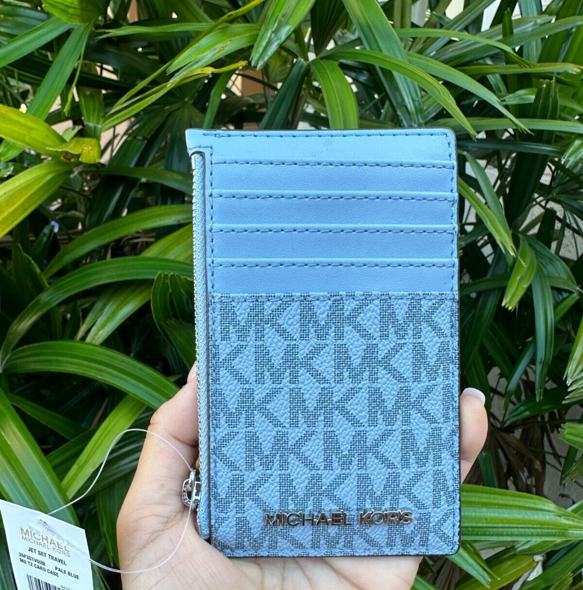 MICHAEL KORS JET SET TRAVEL TOP ZIP CARD CASE WALLET MK PALE BLUE