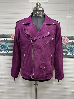 Men's 100% Real Suede Leather Classic Purple Biker Jacket Motorcycle RIder Coat