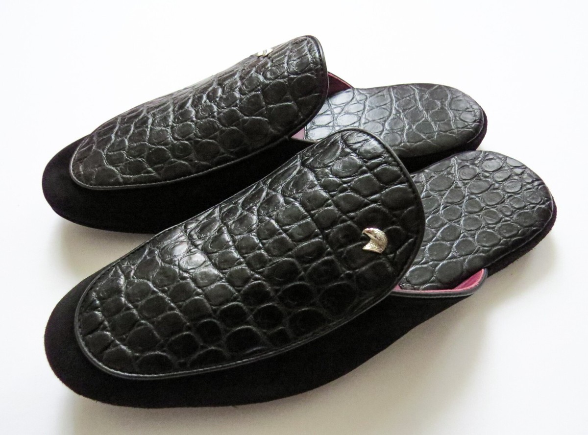STEFANO RICCI Black Crocodile Alligator Leather Slippers 