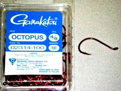GAMAKATSU OCTOPUS RED FISHING HOOKS 100 PK SIZE 4 STOCK #02308-100 RED
