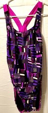 Speedo Pro Women One Piece Swimsuit Stripe Open Back Purple Pink Swim Geometric
