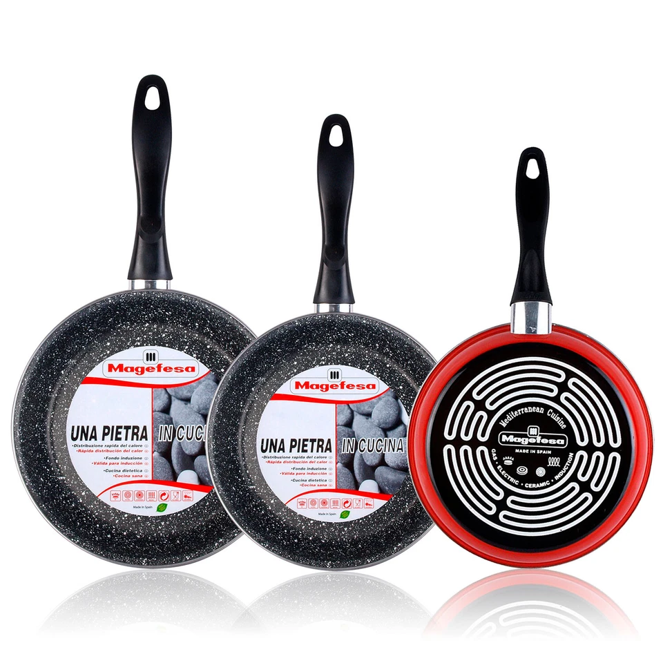Juego 3 sartenes antiadherente piedra induccion 20-24-28 libre PFOA Magefesa K2