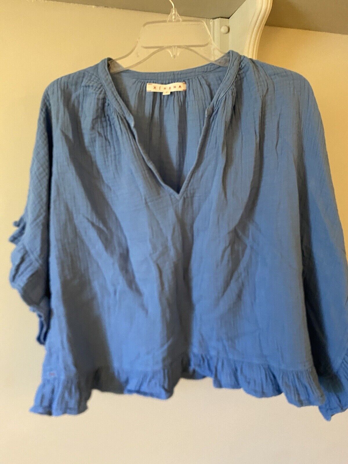 Xirena Blue Cotton Gauze Ruffle Button Up Blouse … - image 1