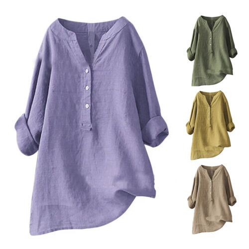 Langarm-Button-Down-T-Shirts Für Damen Damenoberteile Lässige Bluse Mit V- ① - Afbeelding 1 van 19