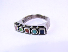 Vintage Multi-Stone Inlay Ring Sterling Silver 6 Band Lapis Turquoise