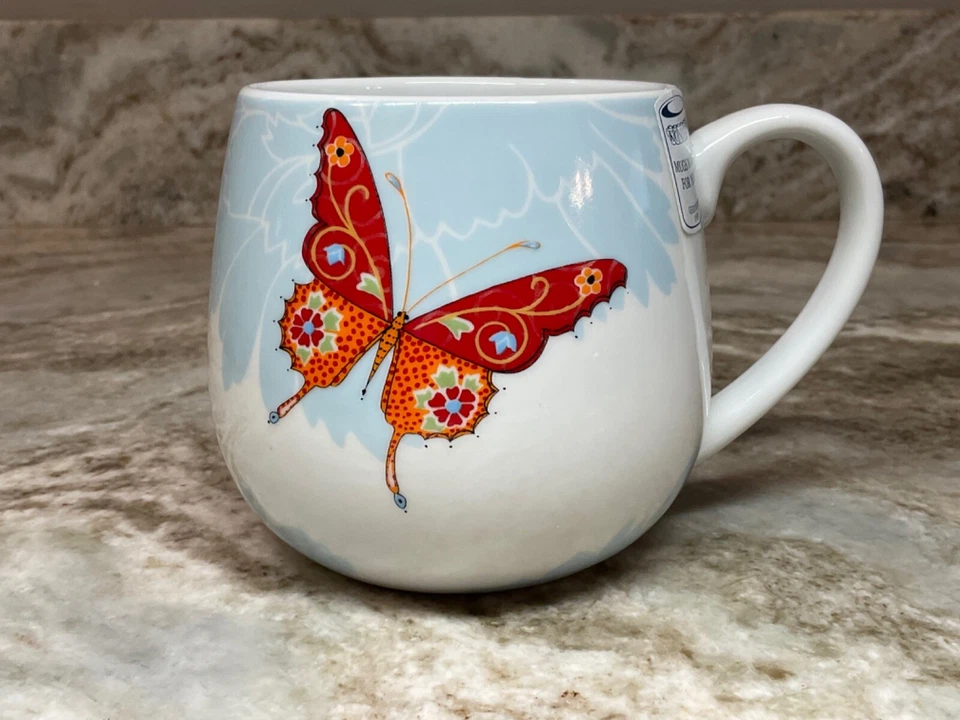 Taza de café grande mariposas de colores. Rojo y azul. Konitz. 14 onzas. Nuevo. Foto 3 de 4