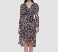 Tommy Hilfiger Women Black Pink Floral V-Neck Tulip-Hem A-Line Dress Sz 8