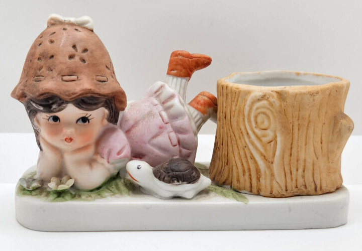 1982 Bonnie Brite Girl & Turtle Porcelain Tree Stump Votive Candle Holder