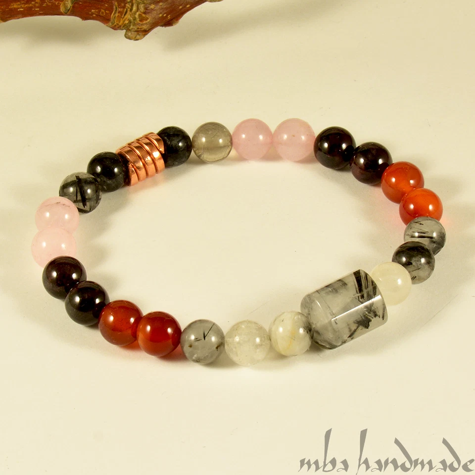 PULSEIRA MASCULINA DE CONTAS DE MADEIRA DE COCO COM CRISTAIS DE QUARTZO TURMALINADO PEDRA PRECIOSA NATURAL - Imagem 2 de 4