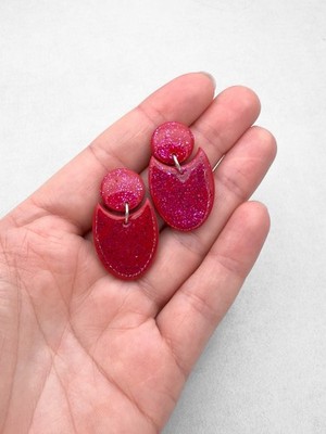 Ohrringe rot mit rosa Glitzer Handarbeit elegant modern Schmuck Geschenk