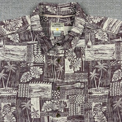 Quiksilver Waterman Mens Shirt XL Short Sleeve Purple White Boat Canoe Palms