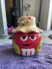 M&M Red Fly Fisherman With Hat Ceramic Candy Cookie Jar With Lid SOME CHIPS
