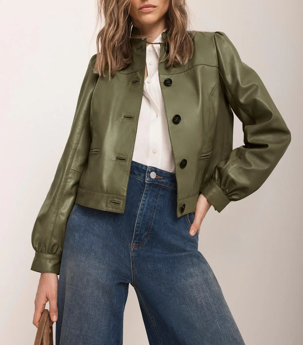 Green Leather Shirt Puff Sleeve Jacket for Women Lambskin XS S M L XL XXL CM