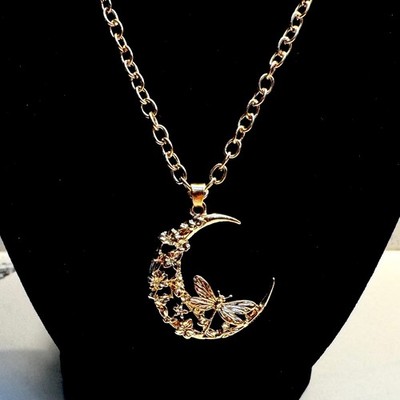 Gold Tone Crescent Moon Dragonfly Floral Pendant Necklace Celestial Adjustable