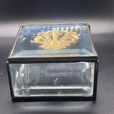 Vintage Brass Pressed Flowers Glass Trinket Box Mirrored Bevelled