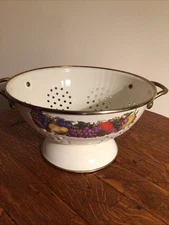 Vintage Cornucopia Enamel & Brass Colander Strainer with Mixed Fruit Design 9"