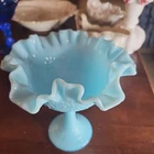 Vintage milk glass scalloped edge bowl  blue pedestal Fenton