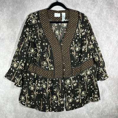 Emma James Blouse Womens 18W Brown Floral Button Front Boho Peasant Fairy Light