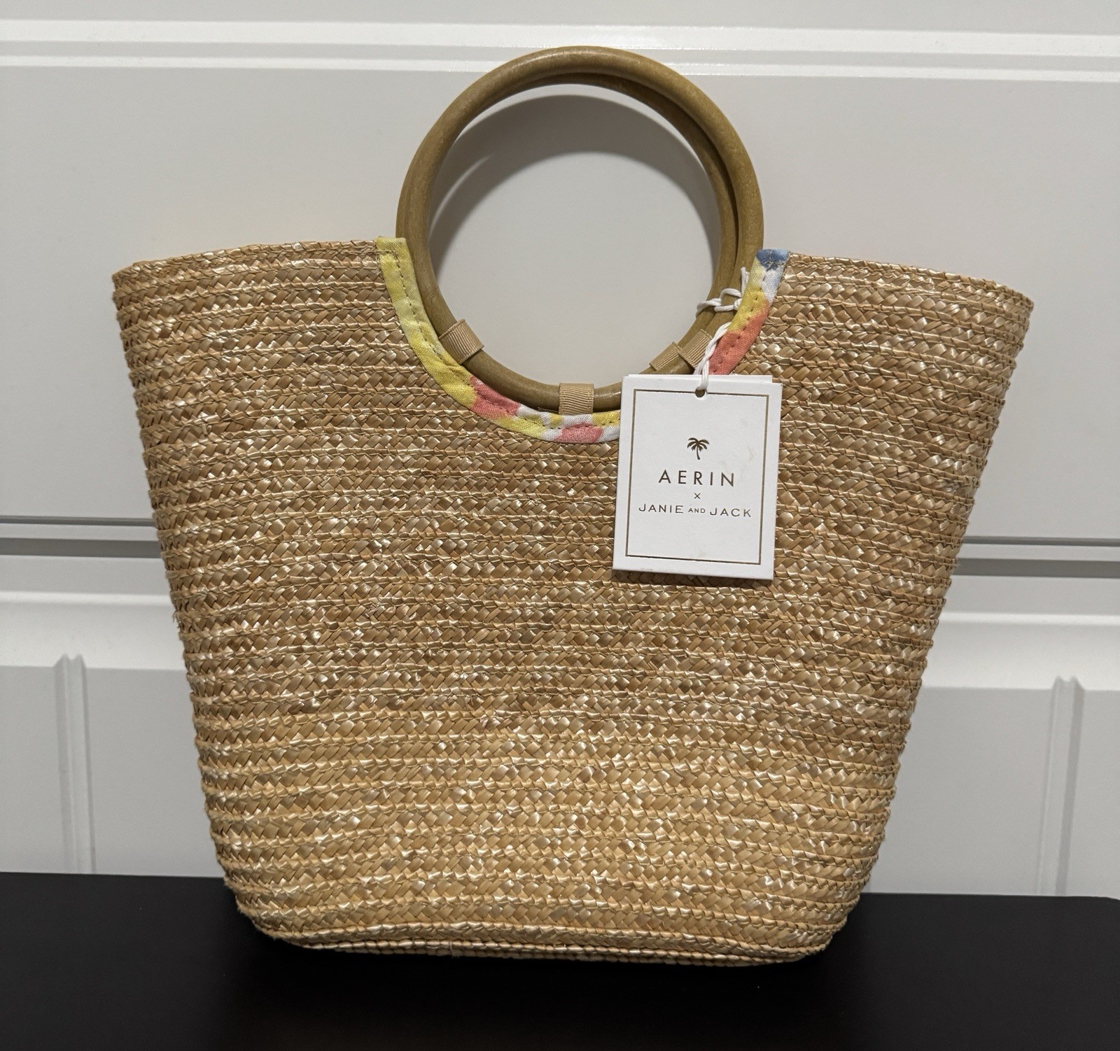 New Straw Tote Bag Aerin x Janie&Jack Limited Collaboration Round Wooden Handles
