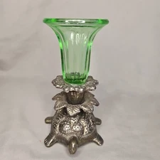  Antique Turtle Figural Epergne Bud Vase w/ Fixed Green Glass Insert 