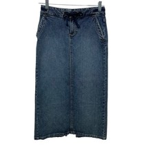 Old Navy Vintage Y2K Denim Maxi Skirt Blue Drawstring Waist Back Slit Western 2