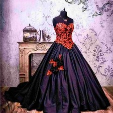 Black Red Gothic Wedding Dresses Vintage Strapless Lace Applique Lace-Up Corset