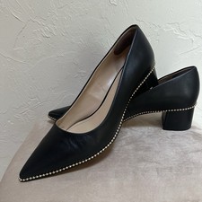 Coach Black Leather Willa FG4610 Gold Bead Chain Pointed Toe Block Heel Pumps 10