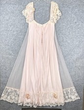 Vtg LUCIE ANN Claire Sandra Long Robe Pink Peignoir Small Satin Ribbon Lace